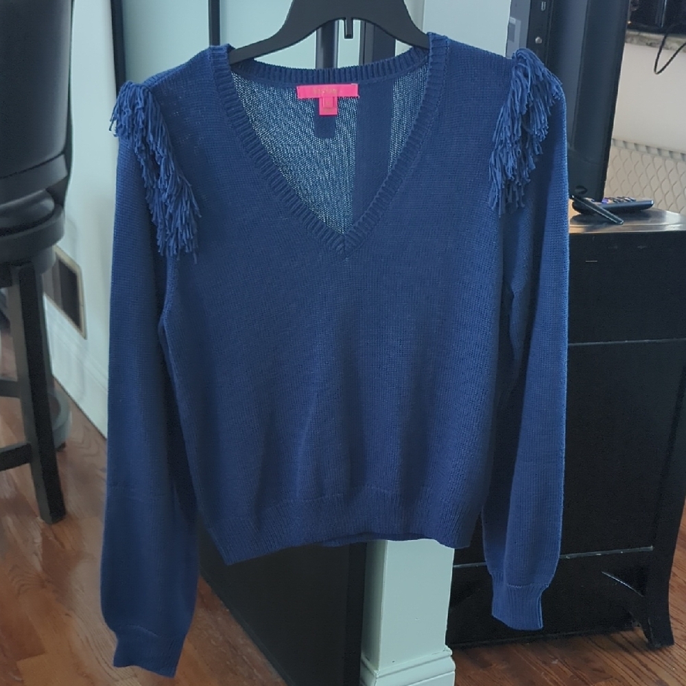 Lilly Pulitzer Blue V-Neck Sweater with Lace Details